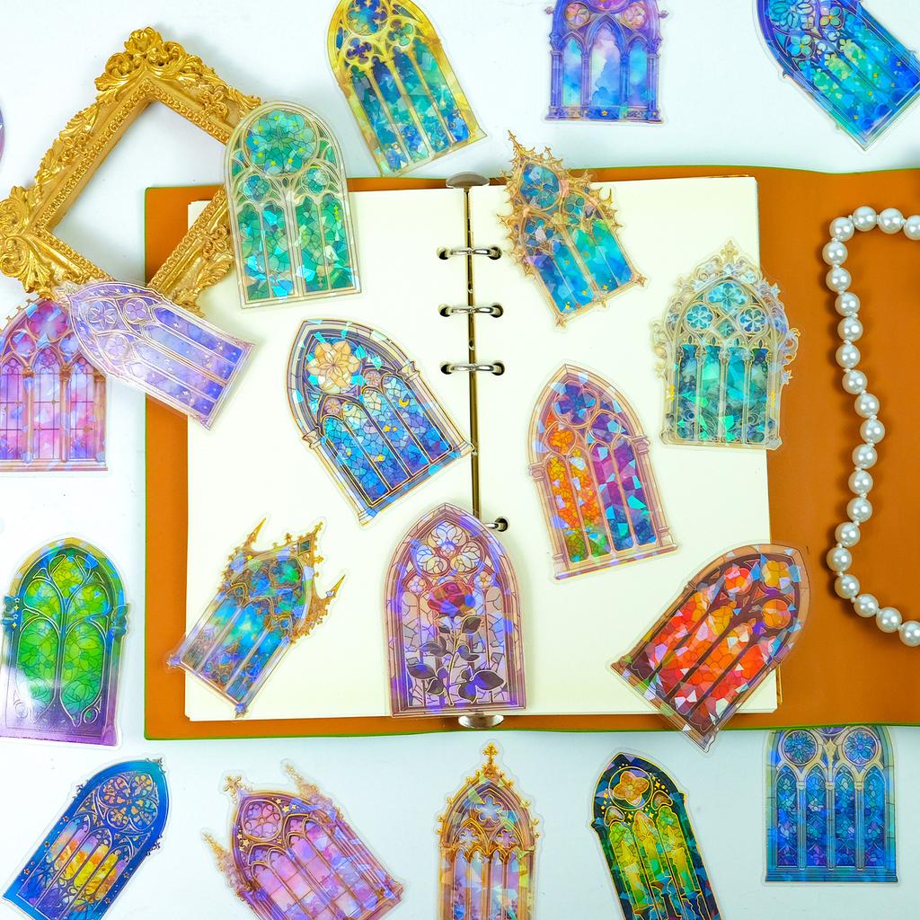 30 Sheets Bronzing Cathedral Theme Transparent Pet Stickers Creative Design Diy Material Decoration