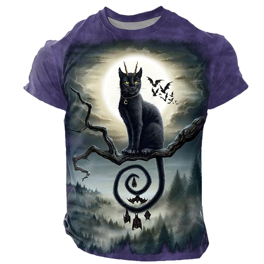 Men's Retro Halloween T-shirt 3D Black Cat Pattern Printed Summer Loose Short Sleeved Cool Casual Daily Outdoor Top