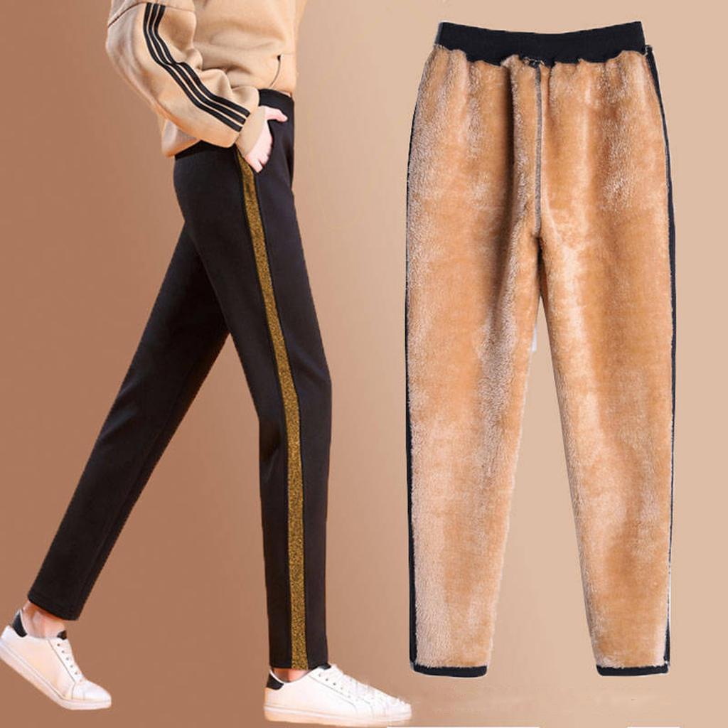 Women Thermal Fleece Pockets Thickened Fleece Lined Casual Sports Trousers Pants