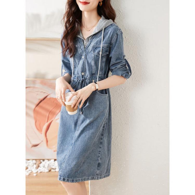 Fashionable Casual Denim Dress Long Sleeve Fake Two Piece Stitching Autumn Women Outfit Elegant Versatile
