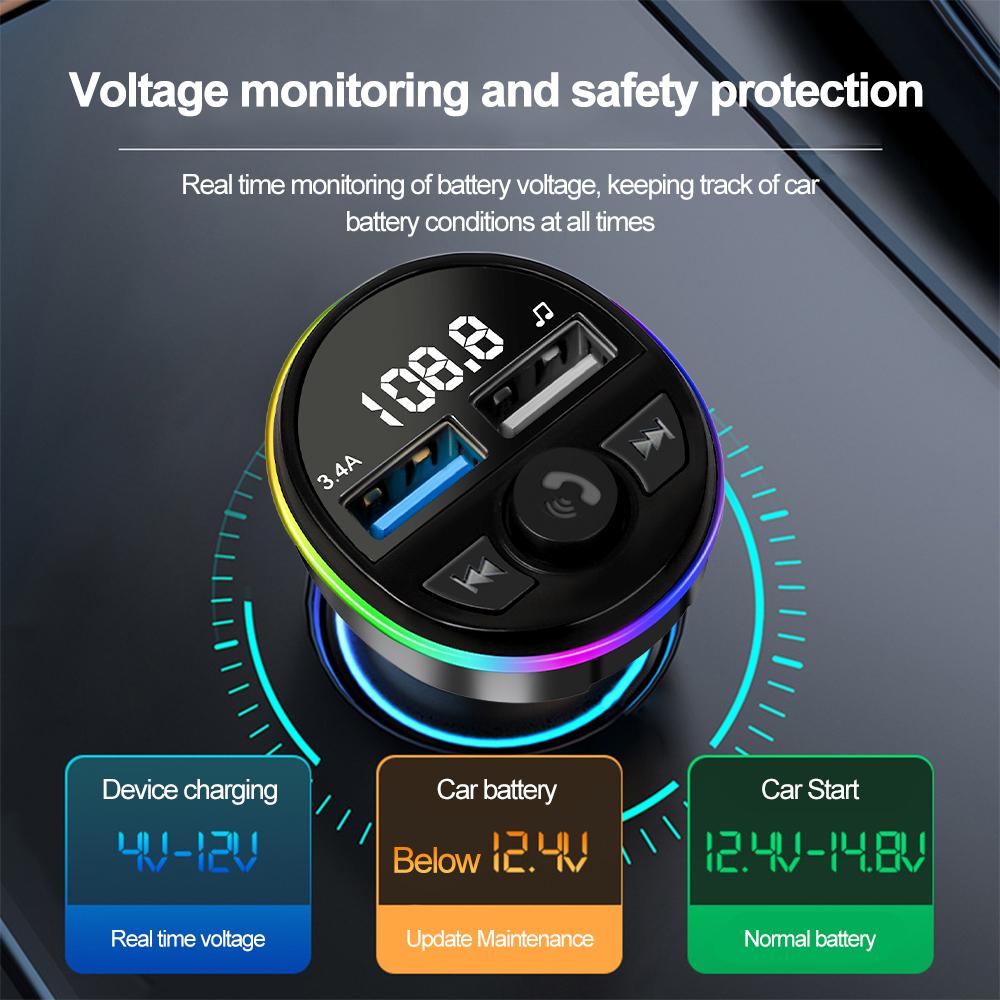 Car Fast Charger with 3 In 1 Cable Bluetooth 5.0 FM Transmitter Car Kit MP3 Modulator Player Handsfree Audio Receiver for Iphone Huawei Xiaomi