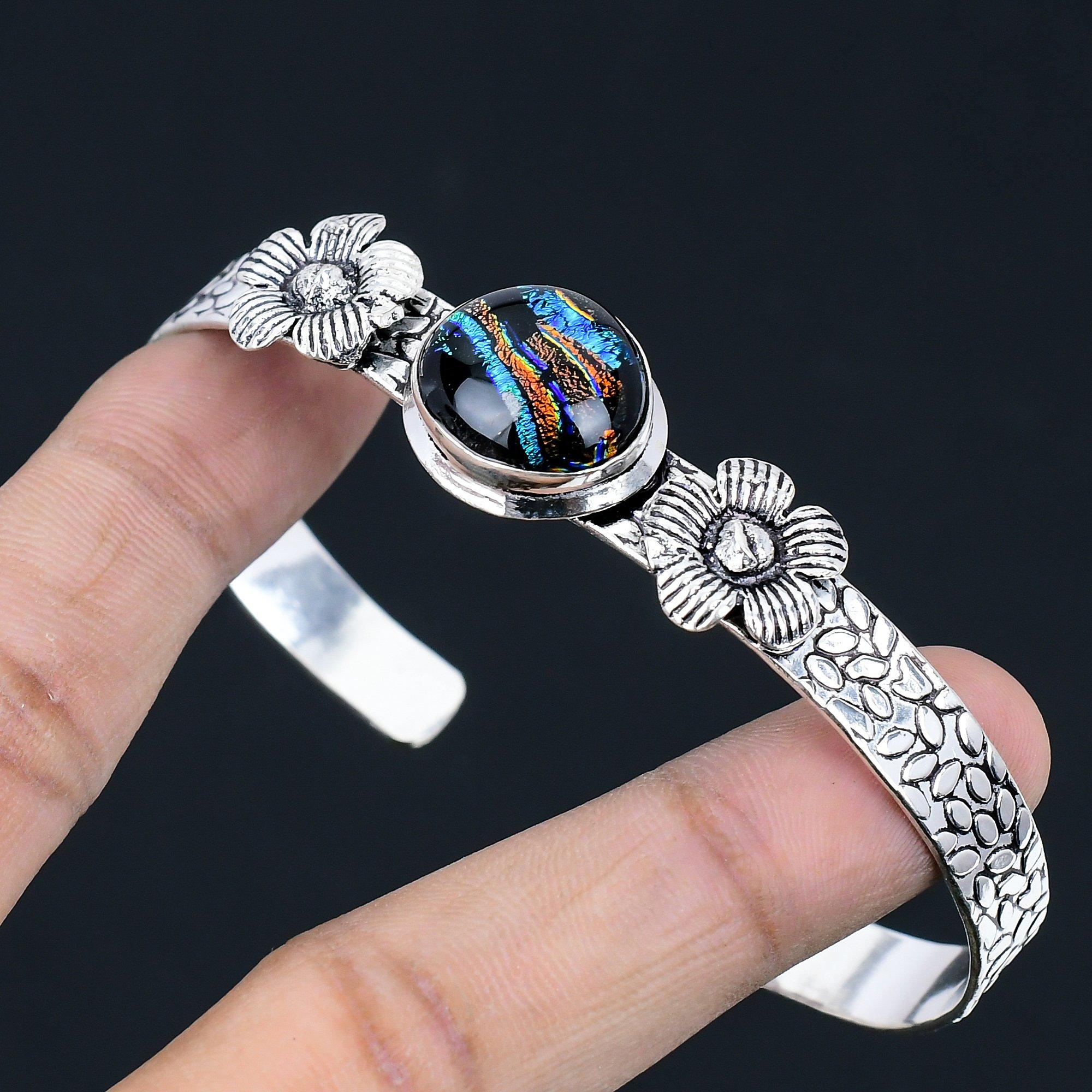 

Sisters Day Deal American Dichroic Glass Stone Sterling Silver Flower New Bangle Adjustable