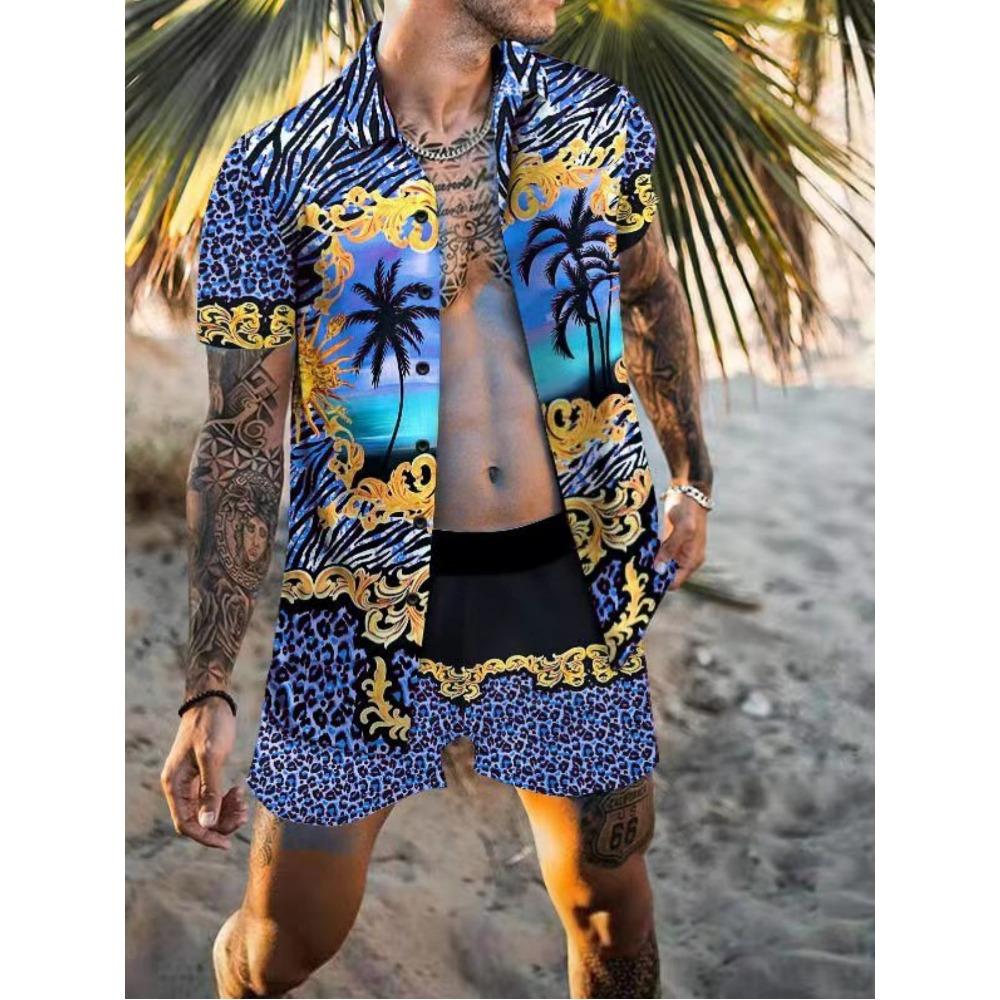 New Beach Set: Men’s Short-Sleeved Shirt and Shorts – Casual Printed Beach and Holiday Set