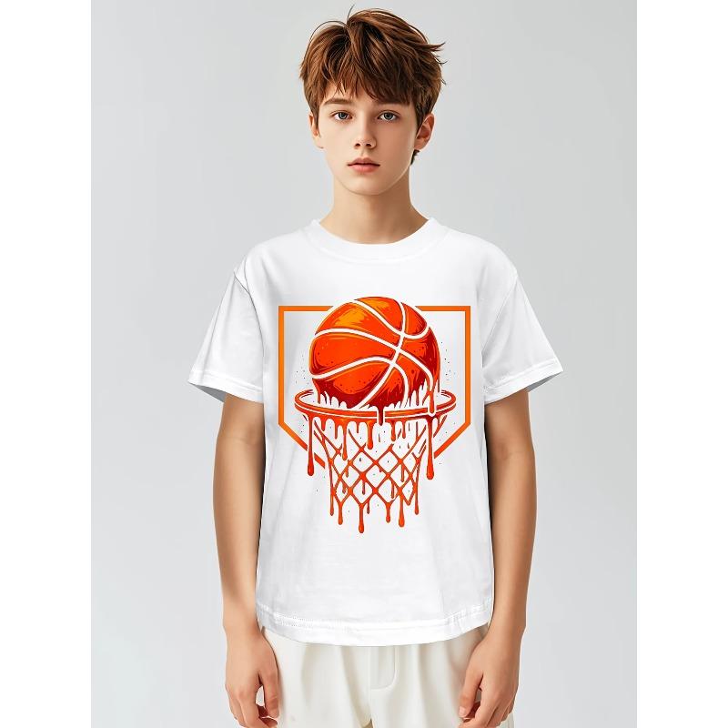 Kids Crewneck Short Sleeve Tee, Red Basketball Drip Print
