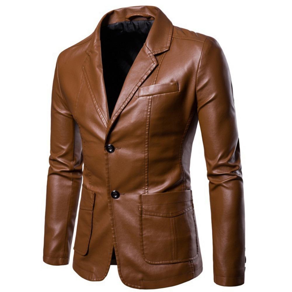 Spring Autumn Men's Lapel Leather Jacket Dress Suit Coat Male Business Casual PU Blazers Jackets