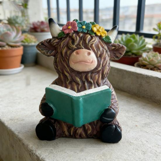 Highland Cow Figurine Reading Book Cattle Resin Statue Sculpture Home Office Decoration Ornament Book Lover Gifts