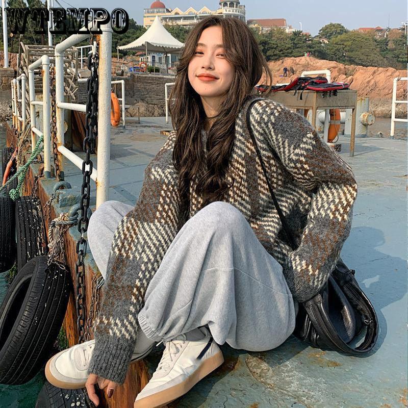 WTEMPO Soft Women's Autumn and Winter  New Plaid Retro Y2K Loose Lazy High-end Sense of Temperament Sweaters
