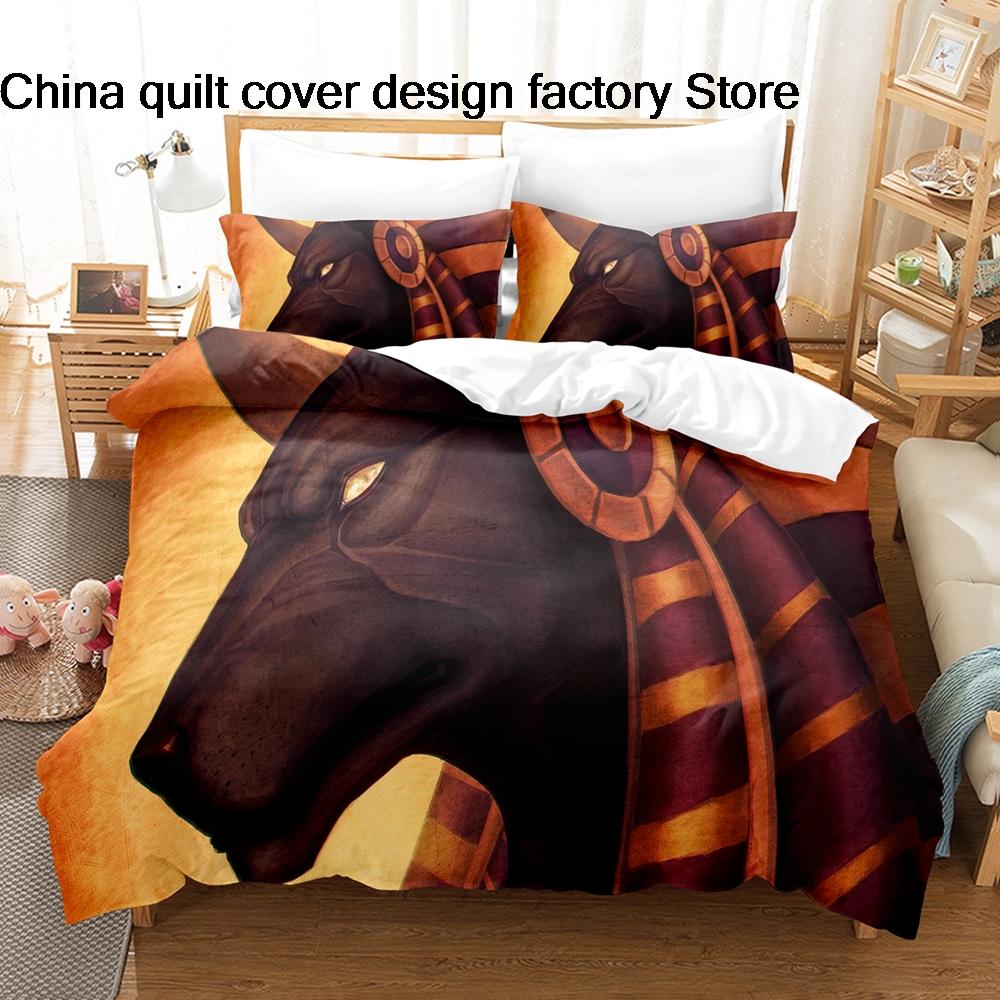 3Pcs Anubis Ancient Egypt Bedding Set 3D Print Egyptian Mythology Duvet Cover Pillowcases for Spiritual Room Decor Gift