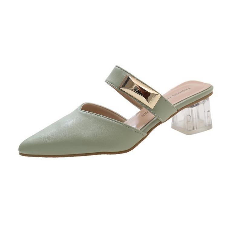 Baotou matcha high-heeled sandals spring new one-word pointed fashion single shoes women's thick-heeled slippers