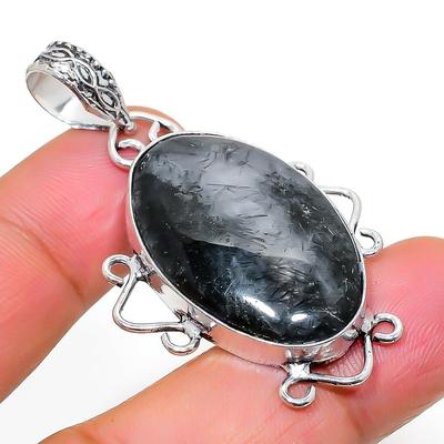 Natural Black Rutile Gemstone Handmade 925 Sterling Silver Pendant 2.05" f3C56