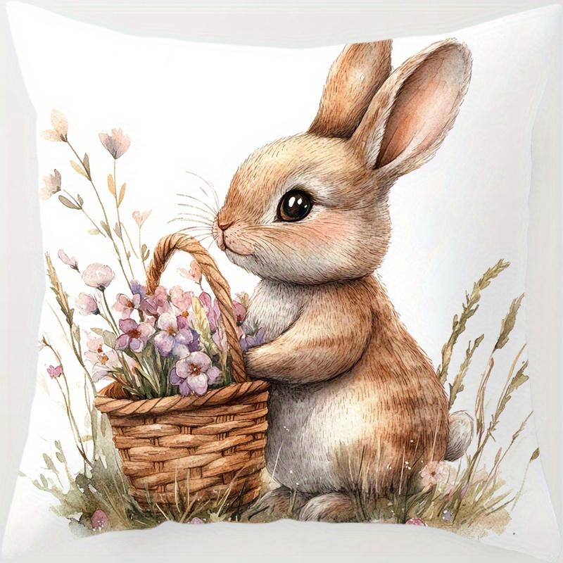 Pastel Easter Bunny Pillow Cover Cute Rabbit Basket Print Cushion Case Holiday Home Decor for Party Gift