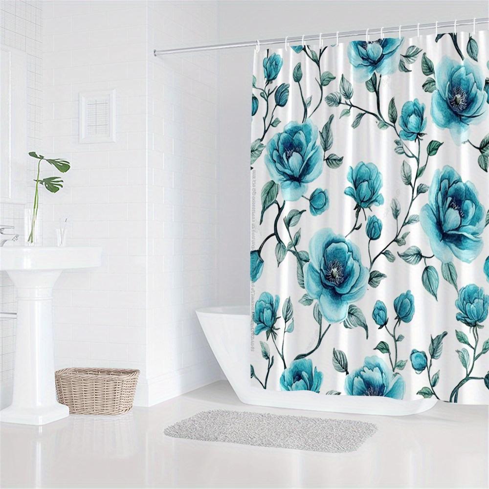 1Pc Elegant Aqua Blue Floral Shower Curtain - Polyester Fabric, Machine Washable, Suitable For Bathroom Decoration