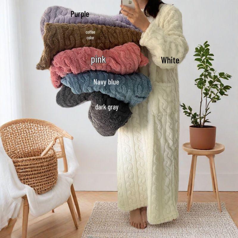 Women's Jacquard Coral Fleece Bathrobe - Thick, Long Sleeve, Plus Size Pajamas for Autumn/Winter.