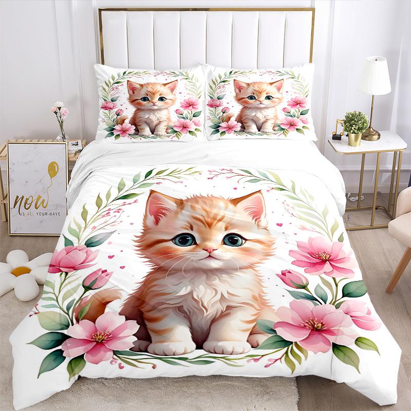 3pcs Cats & Flowers Pattern Bedding Three-Piece Set (1 Cover + 2 Pillowcases, No Fillings), This Printed Bedding Set Is Soft and Comfortable, Sui
