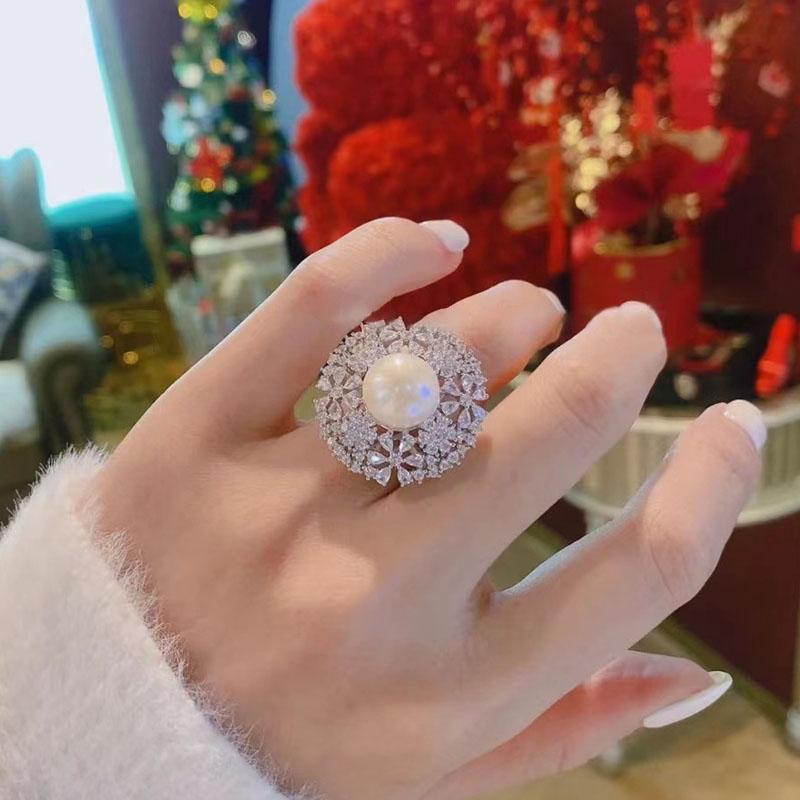 Super Large Pearls Ring Lady  Sterling Silver  Retro Party Open Ring Flower Round AAA Zircon  Gift Wholesale