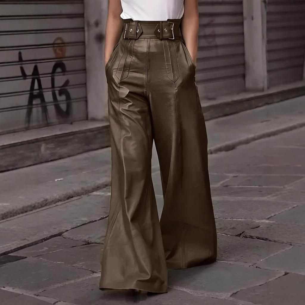 2026 High Waist Loose PU Leather Flared Pants with Pockets for Women