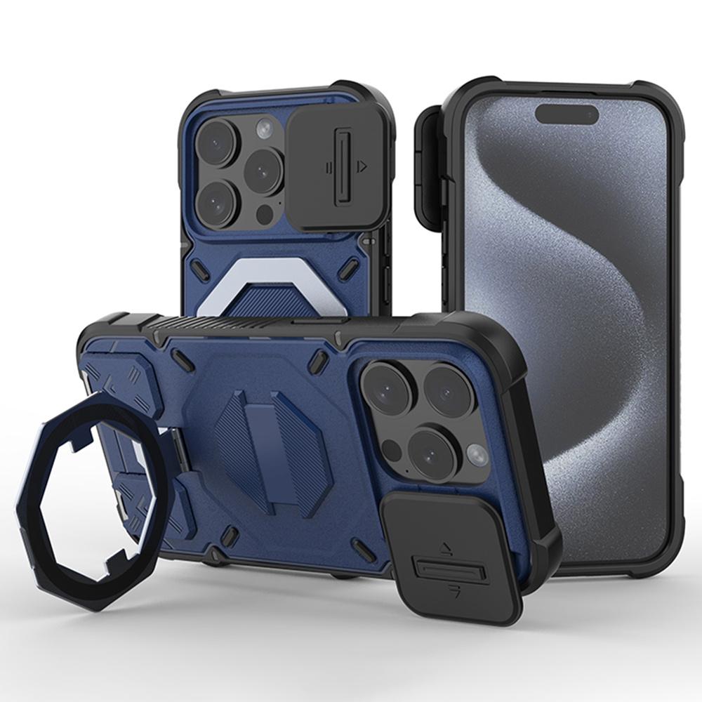 

For iPhone 15 Pro Case Compatible with MagSafe Camera Lens Guard PC+TPU Kickstand Phone Cover with Lanyard Blue