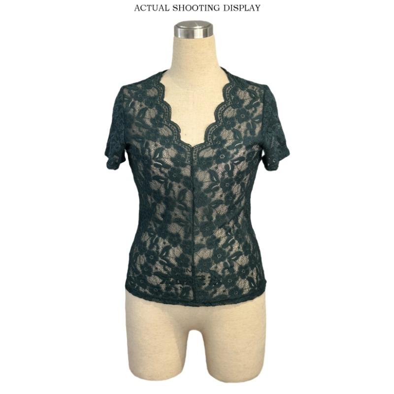 Sommer Neu Einfarbige Schlanke V-Ausschnitt Kurzarm Basic Shirt Spitze T-Shirt Top