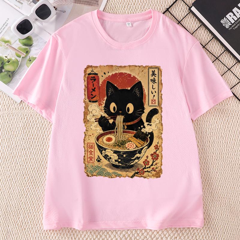 Raunisex Cat T Shirt Black Cat Noodles Tee Japanese Food Tshirt Unisex Unisex Round Neck Print Fashion TShirt Streetwear Clothes
