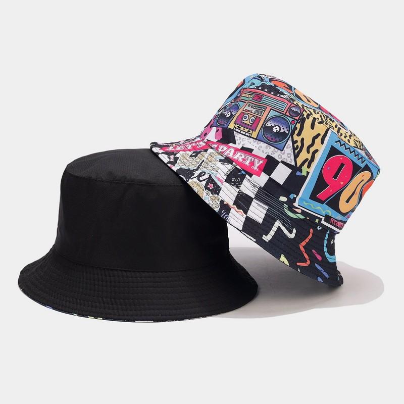 Europäischer und Amerikanischer Retro Klassiker 80er 90er Party Fischerhut Unisex Mode Graffiti Wendbarer Fischerhut