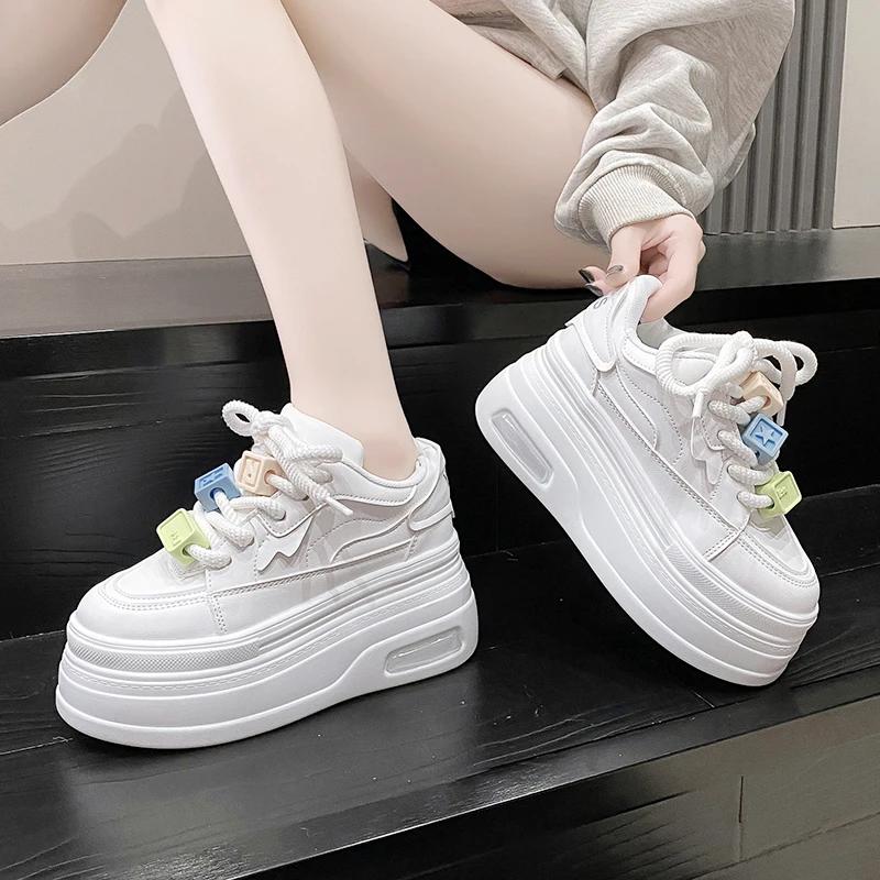 Móda Dámské 9CM Kožené Tenisky Podzim Jaro Šněrovací Ležérní Vycházková Obuv Robustní Tenisky Vysoká Platforma Sportovní Skate Obuv Žena
