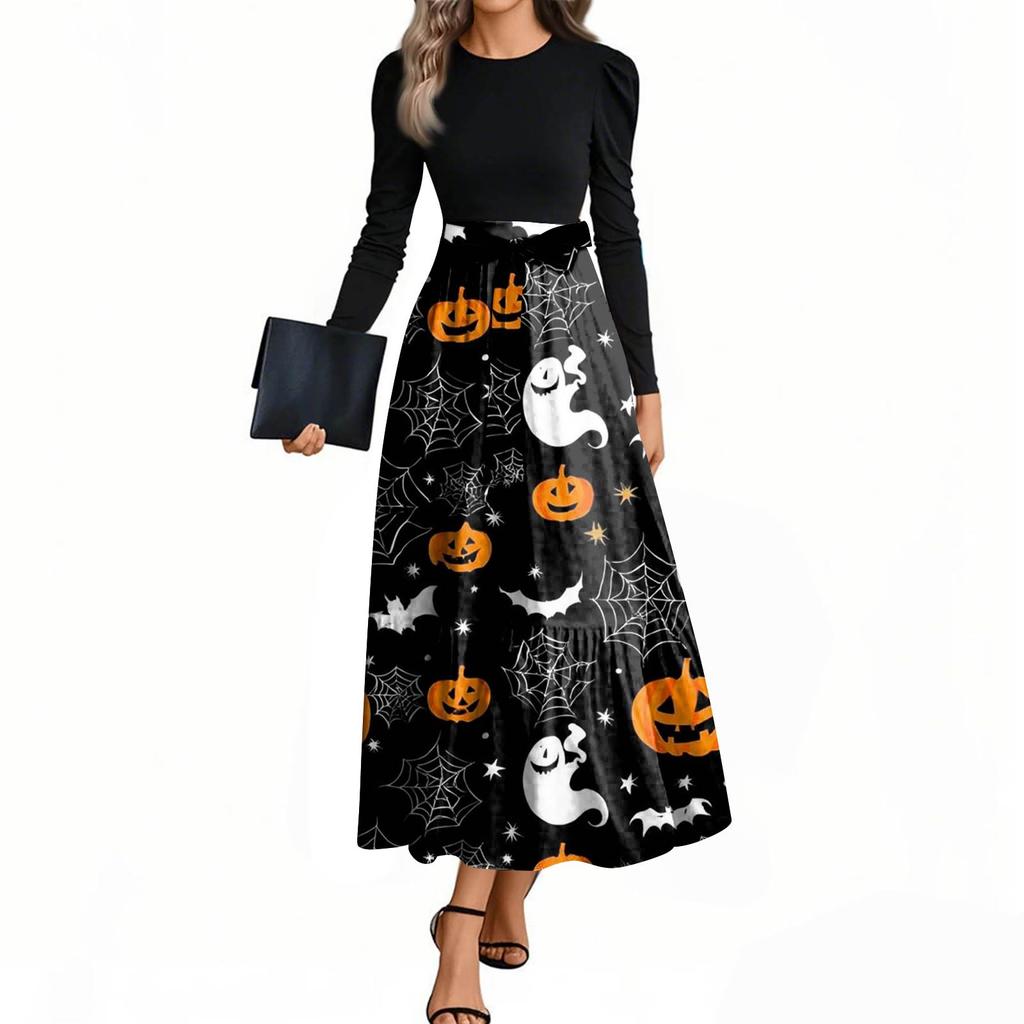Women's Fashion Casual Belted Long Sleeve Round Neck Halloween Printed Elegant Temperament Dresses