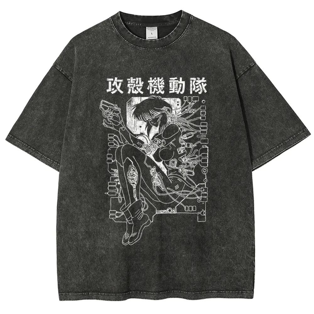 T-shirt Unisex Stile Punk Classico Stampa Anime Ghost in the Shell Cotone Lavato Vintage Casual Estiva Nuova T-shirt Corta