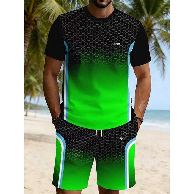 Summer Men's Fashionable Gradient Color 3D Digital Printed Round Neck Short Sleeved Loose Oversized Breathable Comfortable Sports Wear