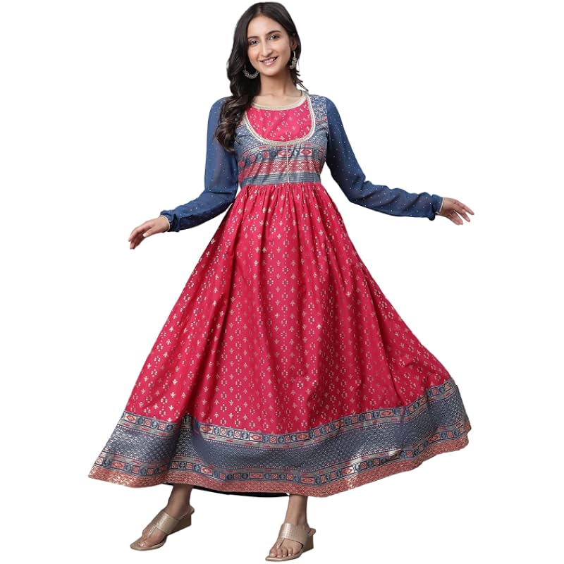 Aurelia Pink Ethnic Motif Cotton Anarkali Kurta with Lace