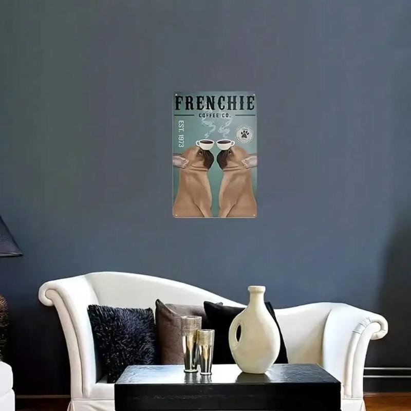 Vintage Metal Tin Sign French Bulldog Coffee Artwork Home Decor