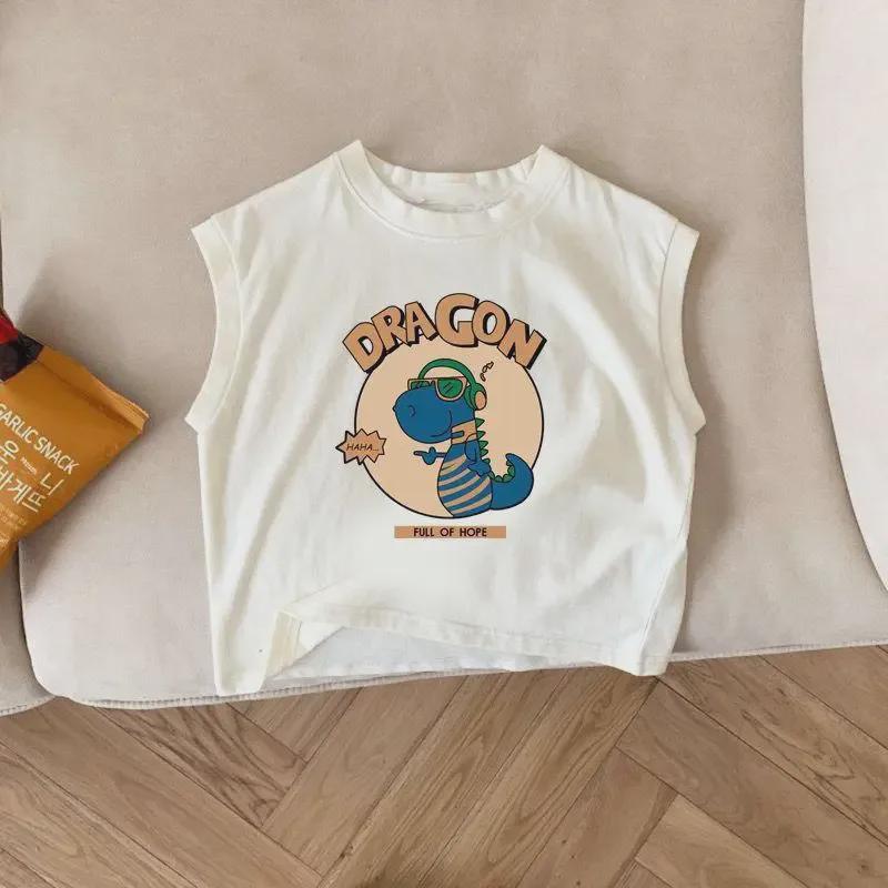2024 Fashionable Dinosaur Cartoon Sleeveless Cotton T-Shirt for Boys & Girls - Summer Casual Top