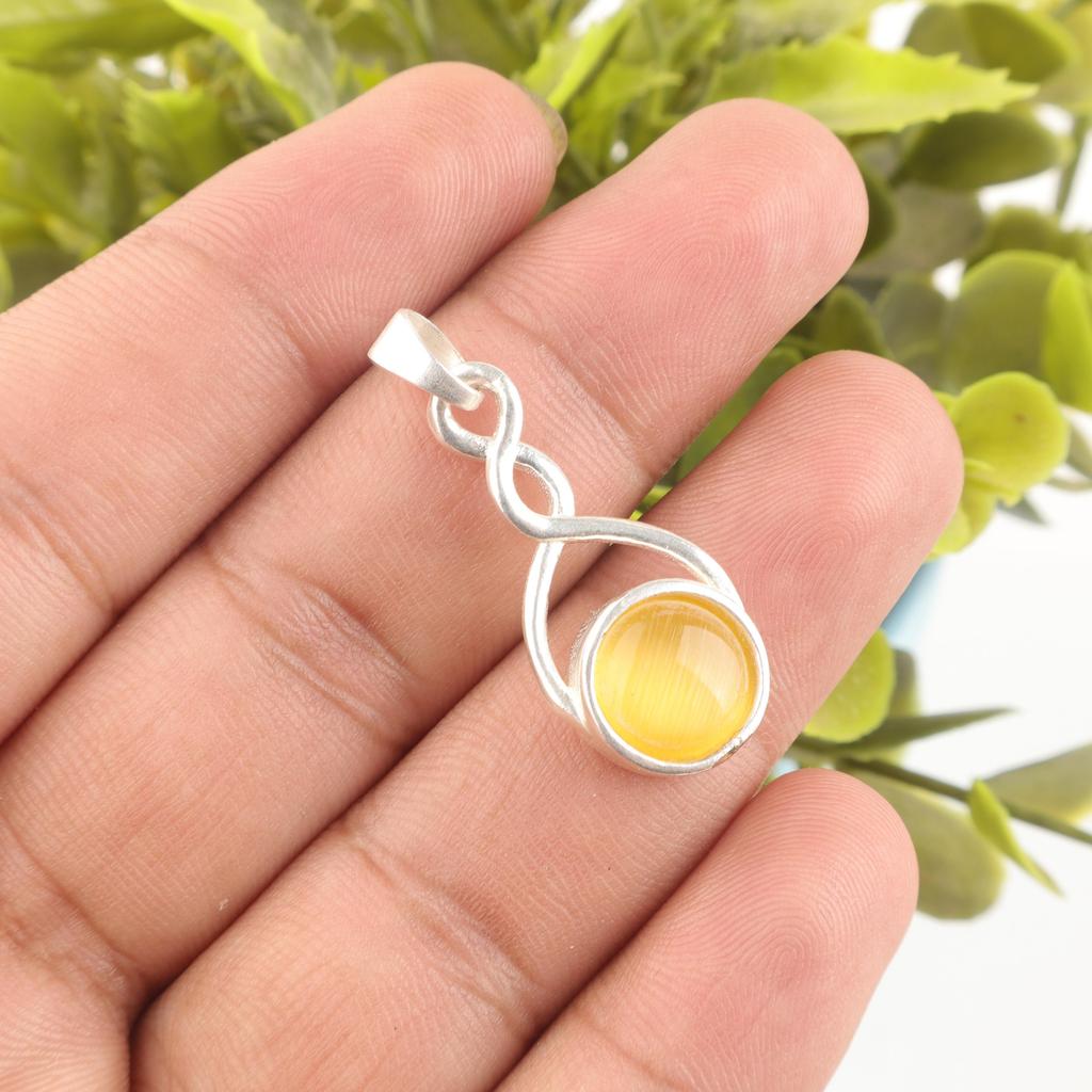 Yellow Cat's Eye 925 Sterling Silver Pendant, Handmade Gorgeous Silver Jewelry, Beautiful Cat's Eye Gemstone Jewelry For Gift
