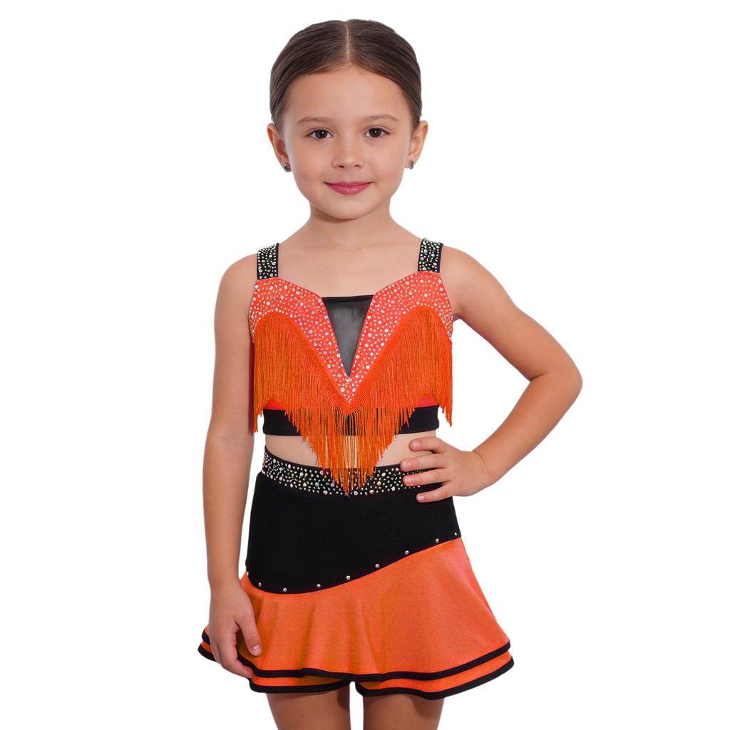 Kinder Mädchen Farbblock Latin Dance Crop Top Breite Schulterträger Quasten Strasssteine mit elastischem Bund Rock für Tango Rumba Gesellschaftstanz Performance