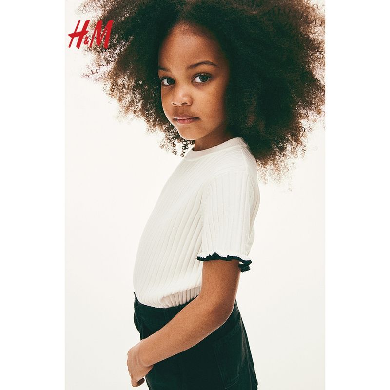 

HM Children s Clothing Girl s Knitted Shirt Summer Casual round Neck Rib Knitted Stripes Short Sleeve 1224475 Natural White 120/60