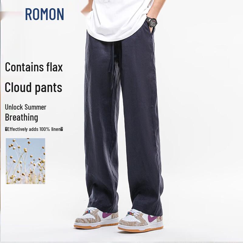 ROMON Men s Chinese Style Loose Straight Linen Casual Pants L