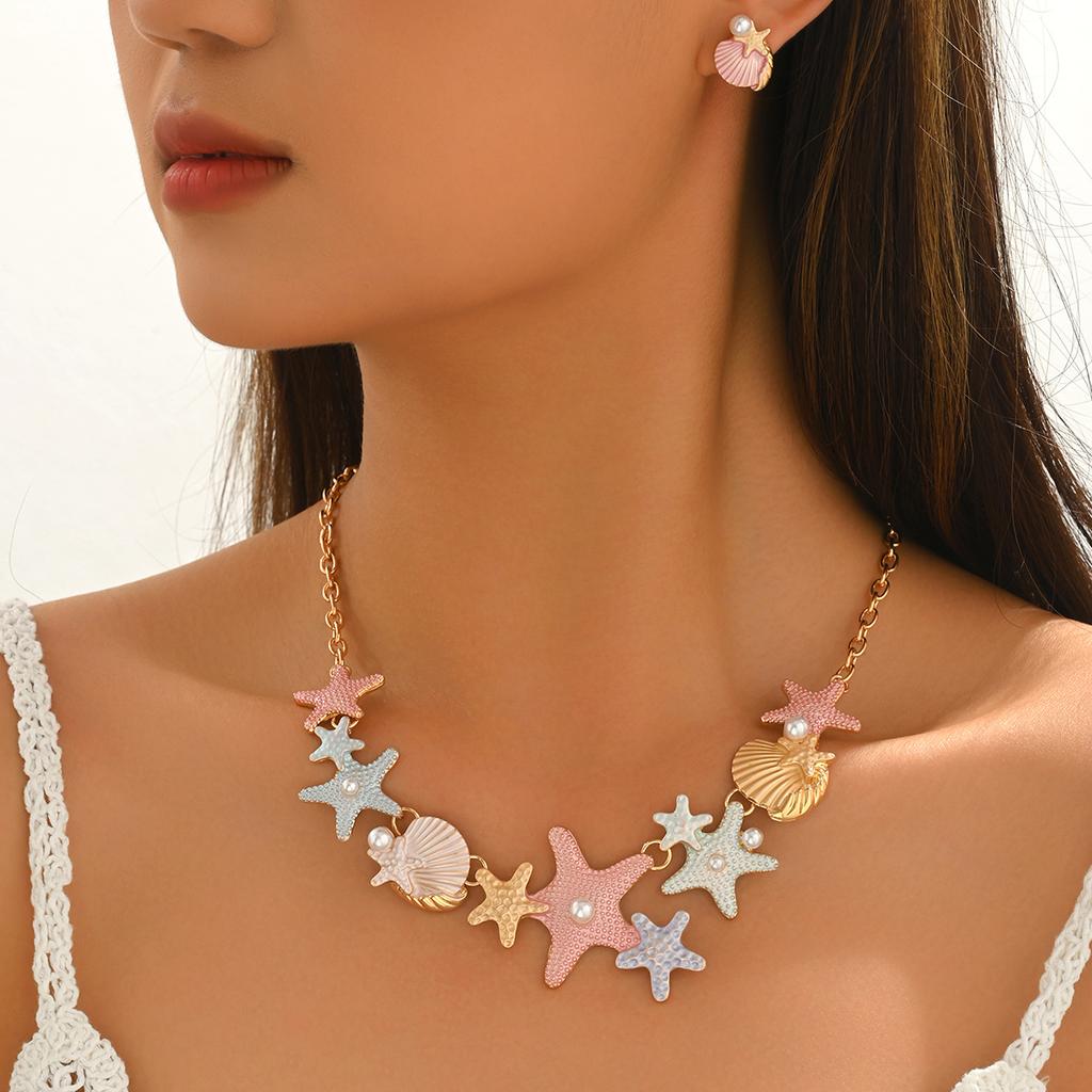 Boho Beach Colorful Enamel Starfish Shell/Flower/Flower Statement Jewelry Set Dopamine Necklace Earrings Summer Vacation Jewelry