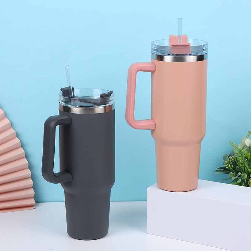 1.2L Large Capacity Car Thermos Cup With Handle And Straw,Double Layer Stainless Steel Vacuum Flasks,Outdoor Travel Water Bottle