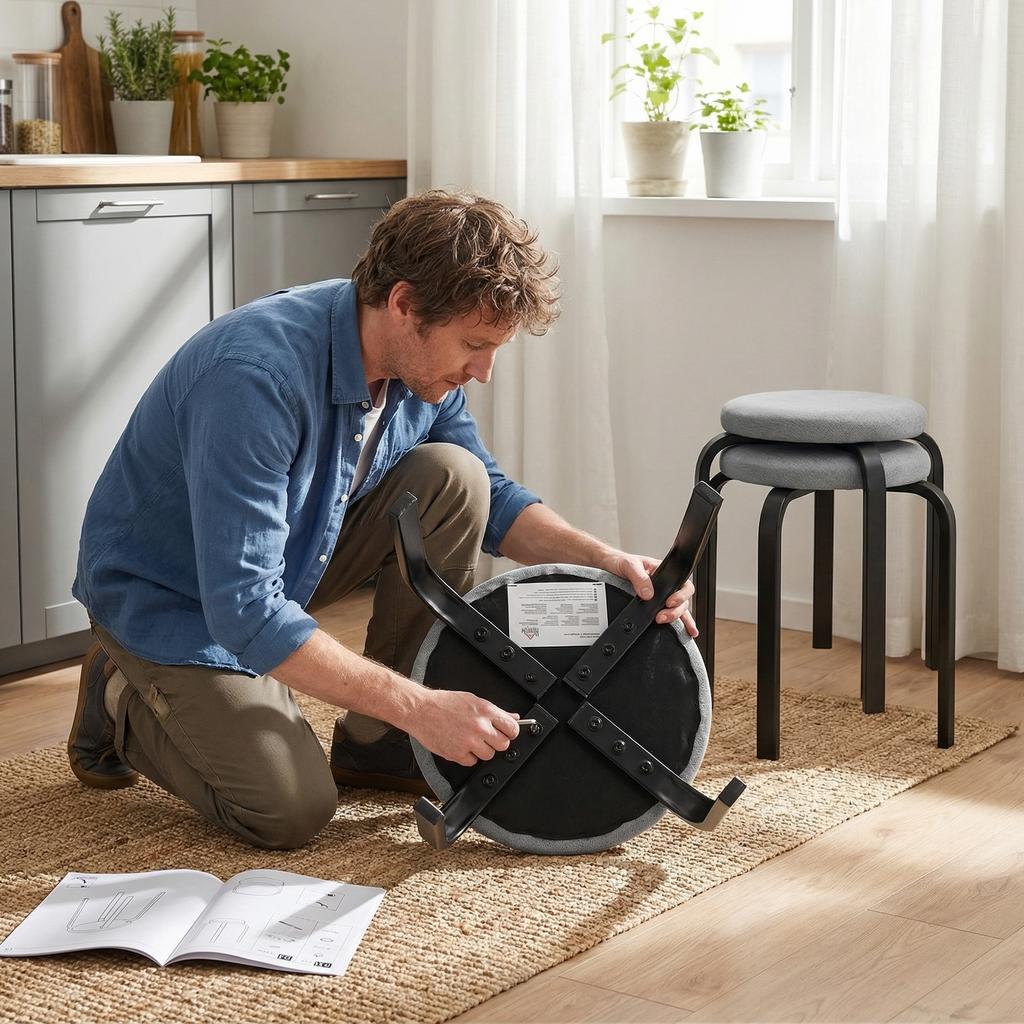 Stapelbarer Hocker Set aus 4 Stück, Moderne Polsterhocker Rund ohne Rückenlehne für Küche, Esszimmer, Grau