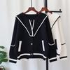 Autumn and Winter New Contrasting Color Navy Collar Knitted Double-sided Cardigan Temperament Loose Sweater Jacket Women