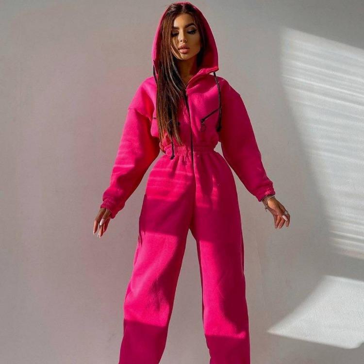 Women Autumn Winter Solid Color Hooded Bodysuit Top with Wide Leg Pants Loose Long Sleeve O Neck Hoodies Suit