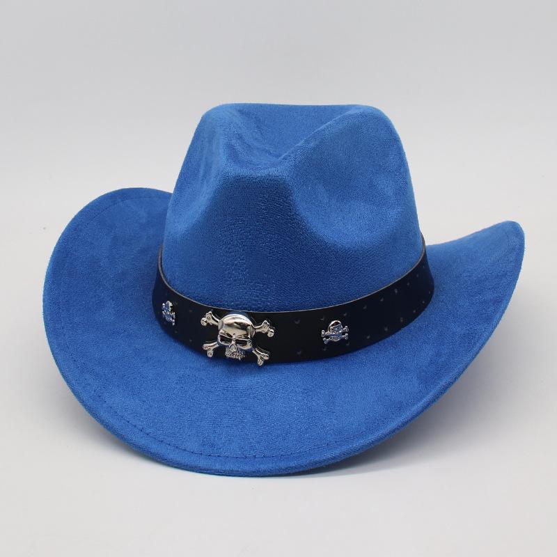 

Western Curled Cowboy Felt Hat Famous Style Skull Premium Wool Jazz Top Hat one size [j denim]