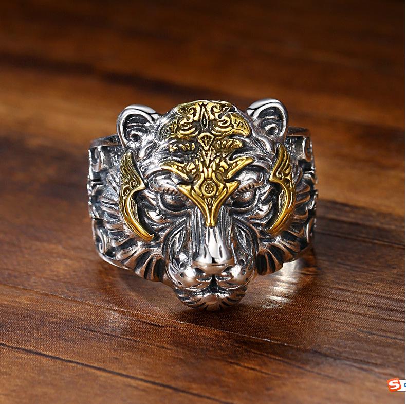 Retro Eye of God Tiger Head Zodiac Ring: Men's Adjustable Open Design