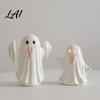 Small Ghost Figurine Vase Light Up Ceramic Figurines for Halloween Decor Cute White Statue Decorative Sculpture with Pink Tongue LED Night
