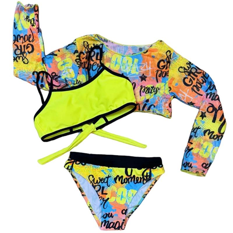 7-12 let Děti Dívky Graffiti Plavky Dlouhý Rukáv Top s Vysokým Pasem Podprsenka a Kalhotky 3ks