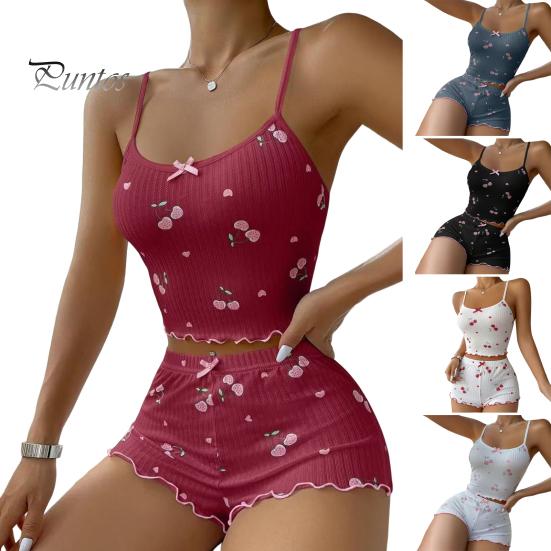 2 Pcs/Set Women Vest Shorts Suit Bow Cherry Print U Neck Sleeveless Top High Waist Short Trousers Homewear Loungewear Outfit Summer Sleepwear