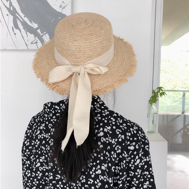

Broken edge bow strap straw hat children raffia flat top fresh seaside sunshade sun protection beach hat M（56-58cm） чорний