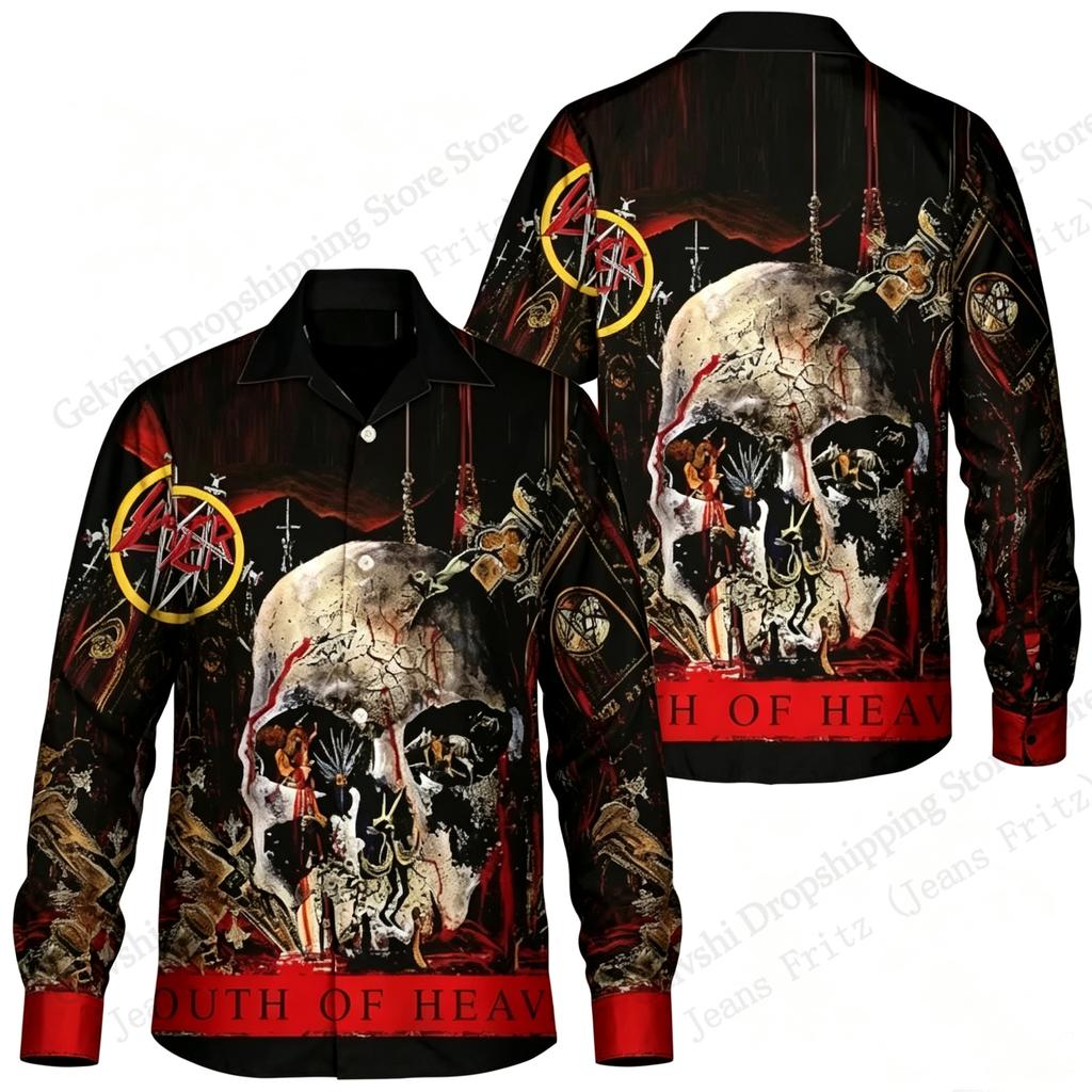 Long Sleeve Metal Rock Band Slayer Shirt Slayer South of Heaven 3d Hawaiian Shirt Men Women Fashion Single-breasted Blouse Skull