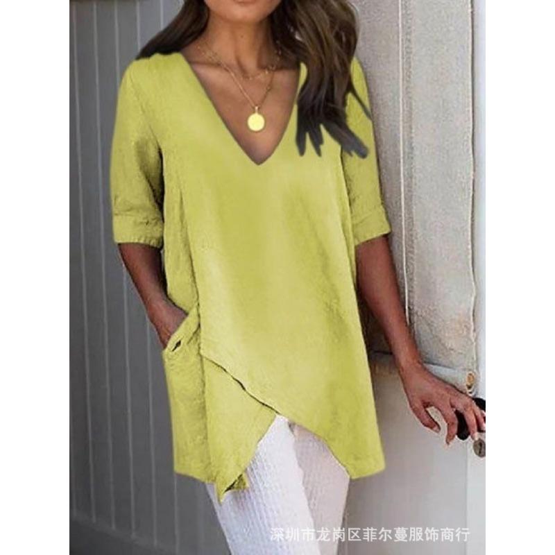 

VEZFAA женские модные повседневные летние весенние однотонные блузки и рубашки с v-образным вырезом и короткими рукавами с принтом S жёлтый