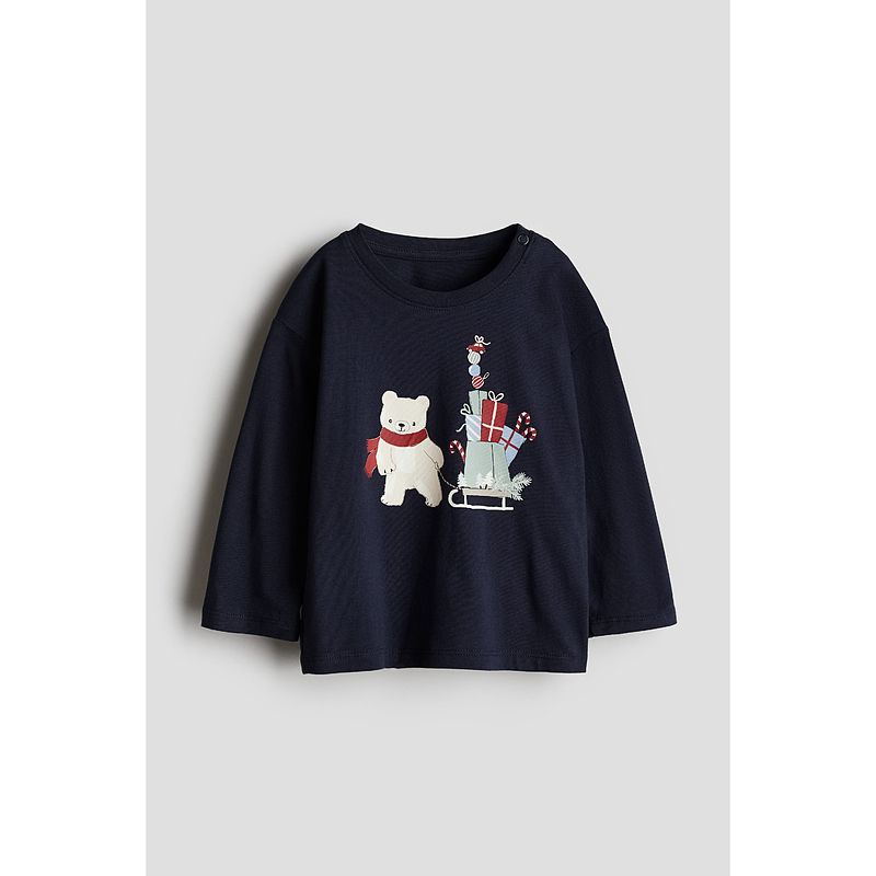 

HM Детская одежда Футболка для малыша 2024 Зима Новое поступление Рождество Мягкий Детский принт круглый вырез Длинный рукав Топ 1245884 Navy/Bear 73/48(6-9m)