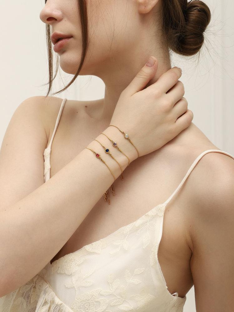 Snake Chain Bracelet Dainty Birth Stone Zircon Jewelry Set Gold Plated Stainless Steel Bracelets Set